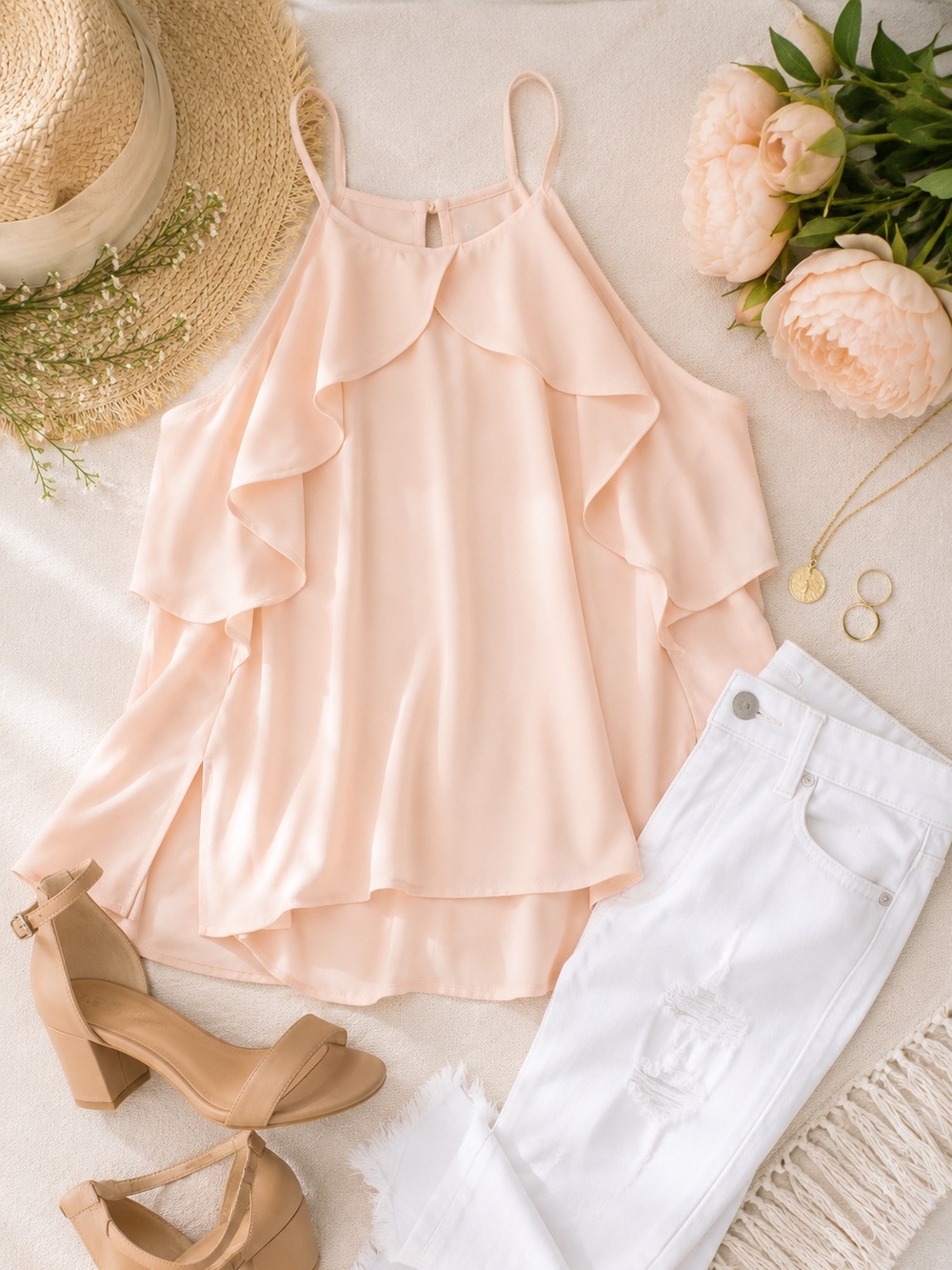 Doe & Rae Hailey Blush Pink Halter Ruffle Tank Top High Neck Flowy Blouse NWT - Picture 2 of 16